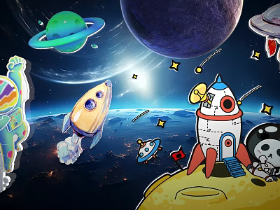 Space Themed Cartoon Wall Decor With Astronauts Rockets Planets 3d model