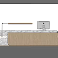 Modern Wooden Reception Desk With Marble Countertop Computer Lamp Small Plant And Logo
