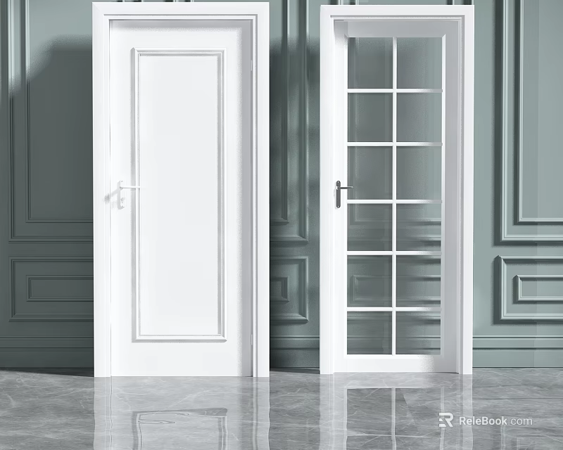 Modern Swing Doors Solid Panel And Glass Panel Interior With Gray Wall 3d model 