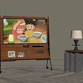 Wooden TV Stand With Screen Showing Children Eating And Side Table Lamp