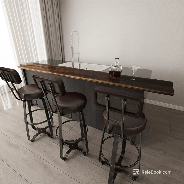 Stylish Home Bar With Wooden Countertop And Brown Leather Stools In Modern Interior Design 3d model 
