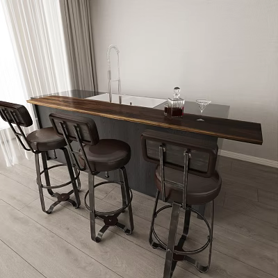 Stylish Home Bar With Wooden Countertop And Brown Leather Stools In Modern Interior Design 3d model