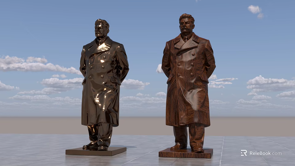 Landscape Sculptures Of Men In Long Coats With Metal Finish And Blue Sky Background 3d model 