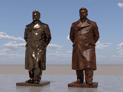 Landscape Sculptures Of Men In Long Coats With Metal Finish And Blue Sky Background 3d model