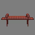 Modern Footstool With Gray Striped Fabric Cushion Brown Leather Bolster And Wooden Frame
