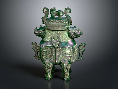 Ancient Chinese Bronze Vessel With Animal Head Decorations And Intricate Patterns 3d model