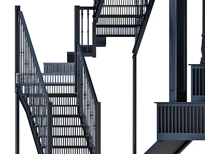 Modern Black Metal Staircase With Geometric Railing And Open Structure Design 3d model