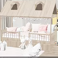 House Shaped Children's Bed with String Lights Pink Pillows Bunny Plush Toys and Storage Baskets