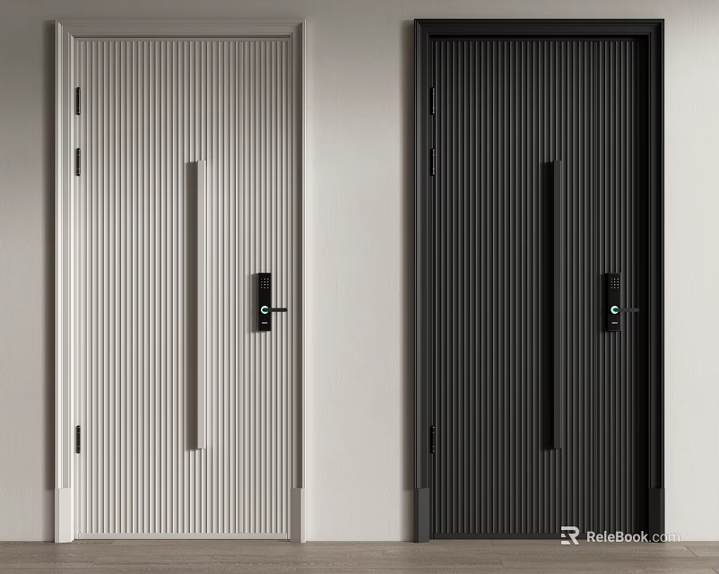 Modern Security Doors With Vertical Striped Design Light And Dark Color Smart Lock Features 3d model