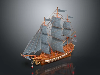 Model Sailing Ship With Wooden Structure And Multiple Sails On Dark Background With Reflection 3d model