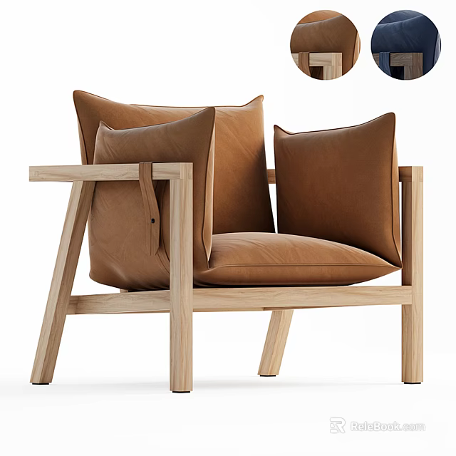 Modern Brown Leather Accent Chair With Light Wooden Frame And Plush Cushions 3d model 
