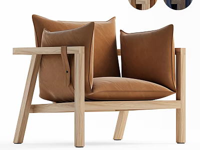 Modern Brown Leather Accent Chair With Light Wooden Frame And Plush Cushions 3d model
