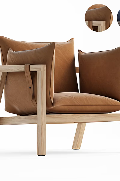 Modern Brown Leather Accent Chair With Light Wooden Frame And Plush Cushions 3d model