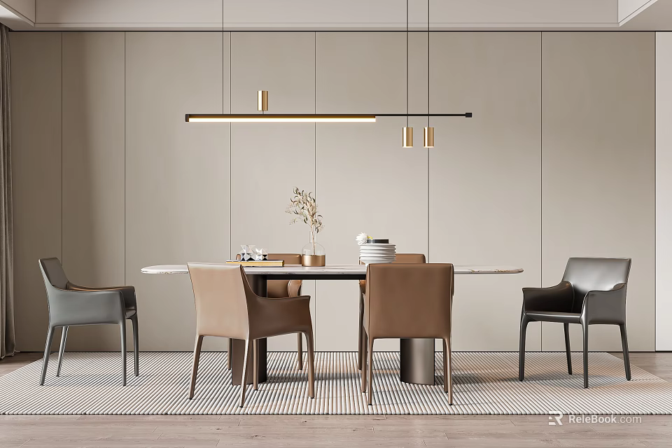 Modern Round Dining Table Set With Beige Gray Chairs And Hanging Pendant Light 3d model