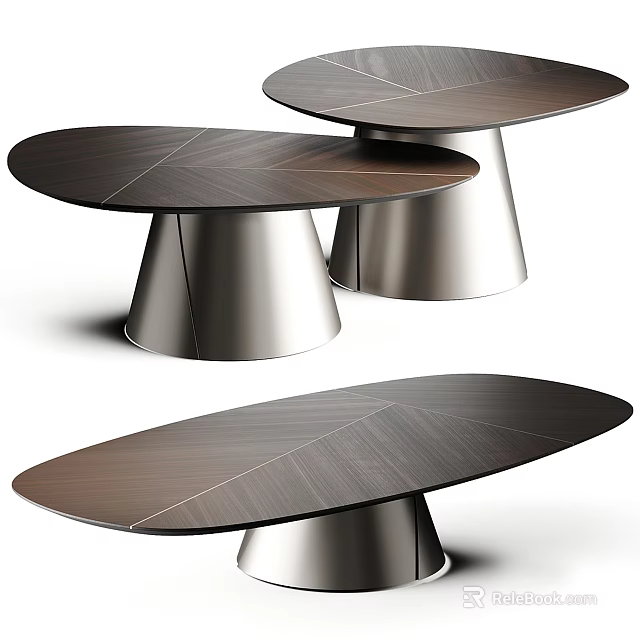 Modern Coffee Table Design With Oval Wood Grain Top And Metal Cone Base 3d model 