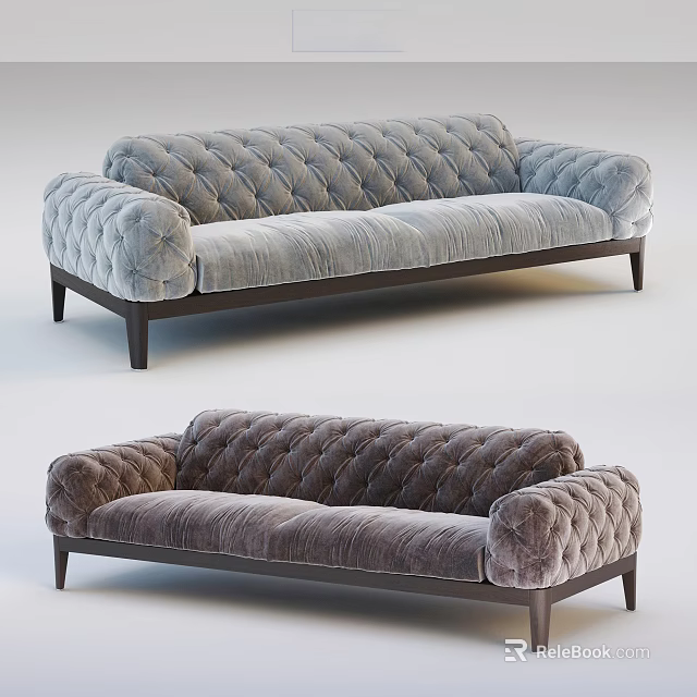 Velvet Two-Seater Sofa with Tufted Design and Dark Legs in Light Gray and Dark Brown 3d model 