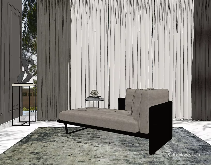Modern Gray Upholstered Chaise Lounge With Black Frame Textured Rug And Floor To Ceiling Curtains 3d model 