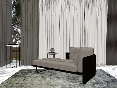 Modern Gray Upholstered Chaise Lounge With Black Frame Textured Rug And Floor To Ceiling Curtains 3d model