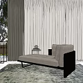 Modern Gray Upholstered Chaise Lounge With Black Frame Textured Rug And Floor To Ceiling Curtains