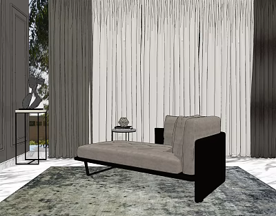 Modern Gray Upholstered Chaise Lounge With Black Frame Textured Rug And Floor To Ceiling Curtains 3d model