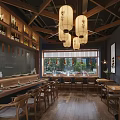 Japanese Style Restaurant Interior With Wooden Ceiling Hanging Lanterns Bar Counter And Green Plants View