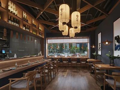 Japanese Style Restaurant Interior With Wooden Ceiling Hanging Lanterns Bar Counter And Green Plants View 3d model