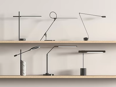 Modern Minimalist Table Lamps With Multiple Unique Sleek Designs On Wooden Shelves Display For Home Office Decor 3d model
