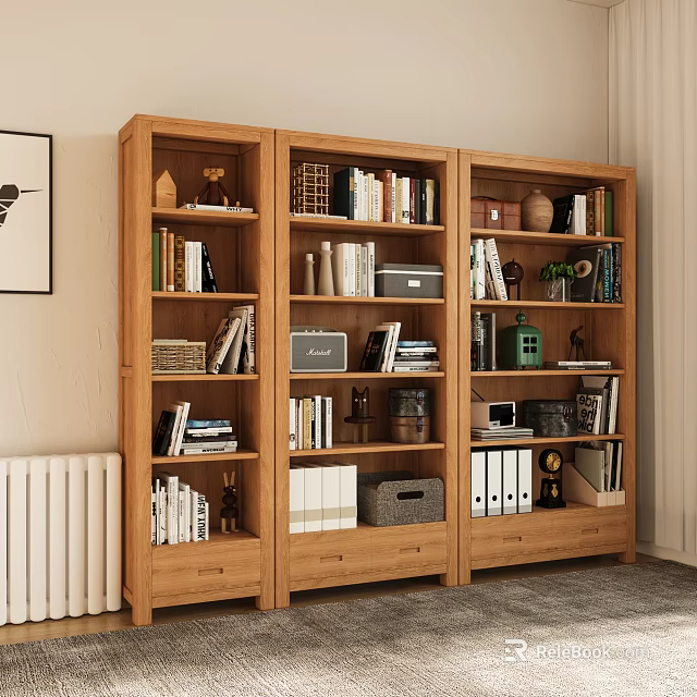 Natural Wooden Bookcase With Multiple Shelves Books Decorative Items And Storage Boxes 3d model 