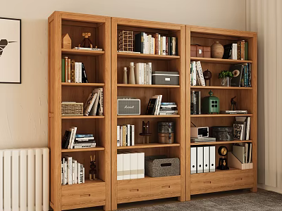 Natural Wooden Bookcase With Multiple Shelves Books Decorative Items And Storage Boxes 3d model
