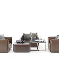 Leisure Sofa Set With Brown Leather Chairs Coffee Table And Throw Pillows 3d model