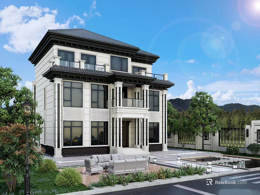 Luxury Detached Villa Exterior Design With Courtyard Greenery Balcony And Mountain View 3d model 