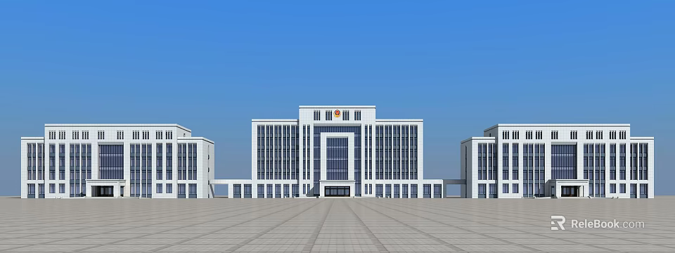 Modern Office Building Featuring Glass Curtain Wall Symmetrical Design And Spacious Front Plaza 3d model 
