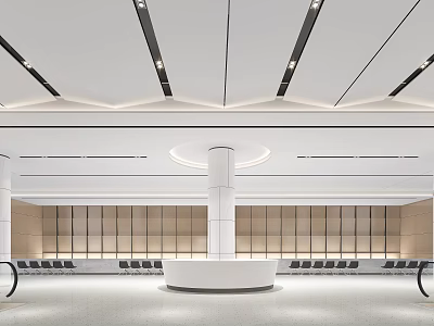 Modern Reception Area with White Circular Desk Wooden Panels and Ceiling Lighting 3d model