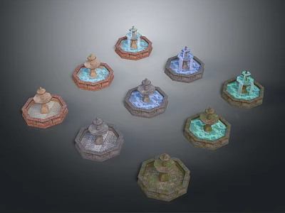 Multiple Decorative Fountains With Various Designs Different Styles And Colored Stone Bases 3d model