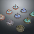 Multiple Decorative Fountains With Various Designs Different Styles And Colored Stone Bases