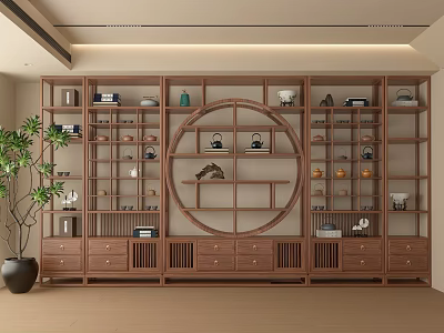 Wooden Chinese Antique Shelf With Circular Design And Decorative Items In Modern Interior 3d model