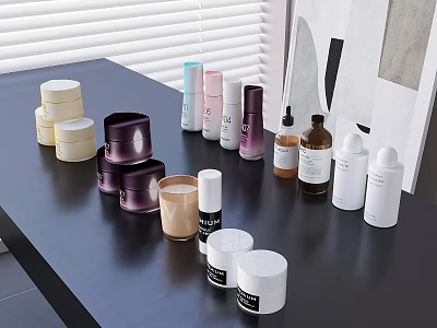 Modern Perfume Cosmetics With Colorful Jars And Bottles On Black Table 3d model