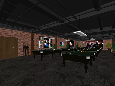 Billiard Room With Multiple Pool Tables Hanging Lights Brick Walls And Poster Decor 3d model