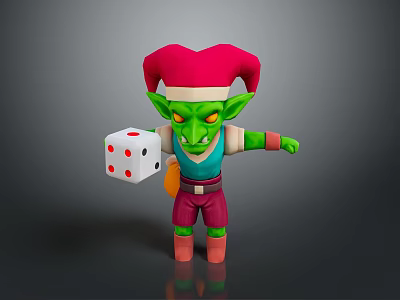 3D Green Goblin Character With Red Jester Hat Holding White Dice And Colorful Outfit 3d model