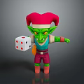 3D Green Goblin Character With Red Jester Hat Holding White Dice And Colorful Outfit