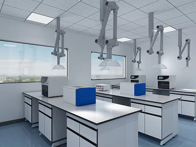 Modern Laboratory Interior With Benches Cabinets And Suspended Arm Lights 3d model