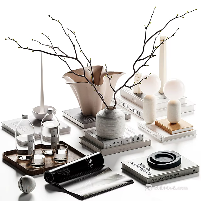 Minimalist Modern Decorative Ornament Set With Branches Vase Books And Tray For Home Decoration 3d model 