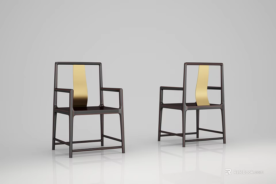 Modern Dining Chairs with Dark Wooden Frame Gold Accent and Armrests Design 3d model 