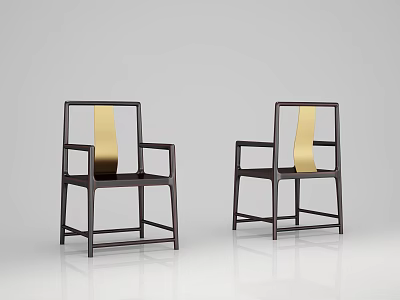 Modern Dining Chairs with Dark Wooden Frame Gold Accent and Armrests Design 3d model