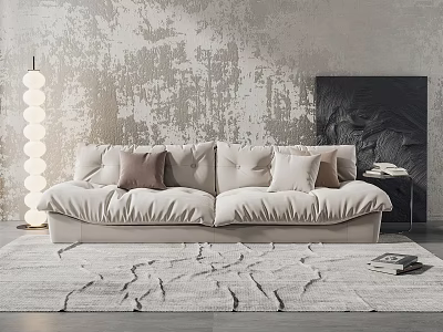 Light Colored Double Sofa With Throw Pillows Floor Lamp And Textured Wall Rug 3d model