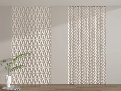 Modern Beige Textured Background Wall With 3D Geometric Patterns And Decorative Plant On Wooden Floor 3d model