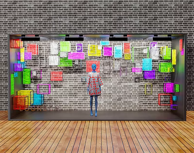 Vibrant Shop Window Display With Brick Wall Background Colorful Geometric Shapes And Mannequin 3d model