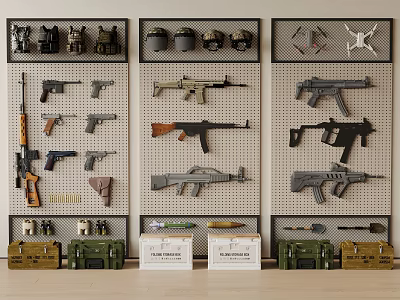 Military Storage Boxes Displayed with Firearms Helmets and Tactical Gear 3d model