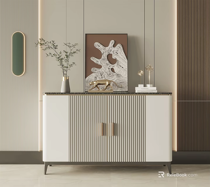 Modern Entryway Cabinet and Side Cabinet White Striped Design with Vase Painting Decorative Items and Books 3d model 