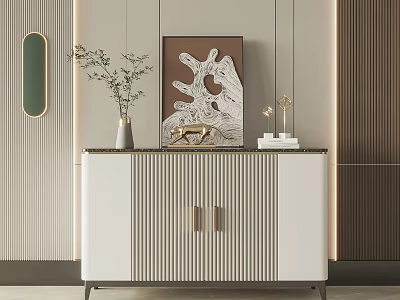 Modern Entryway Cabinet and Side Cabinet White Striped Design with Vase Painting Decorative Items and Books 3d model
